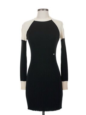 CHANEL Black and White Wool Ribbed Long-Sleeve Knit Dress CC Button Adornment